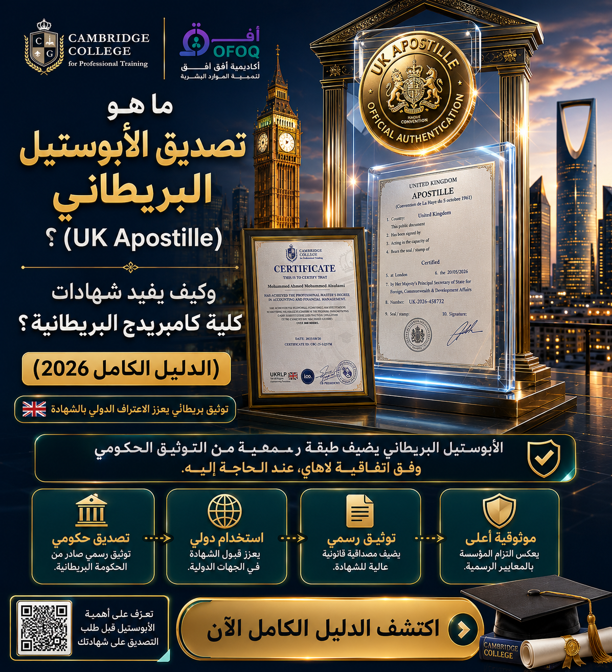 ما هو تصديق الأبوستيل البريطاني (UK Apostille)؟ وكيف يفيد شهادات كلية كامبريدج البريطانية؟ (الدليل الكامل 2026)
